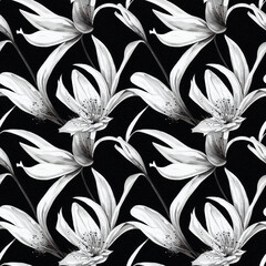 Seamless pattern with white flowers on black background. Generative AI art.