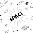 Seamless pattern with space and set of space elements in doodle style, planets, stars, constellations, flying saucers 