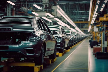 Naklejka na meble Car factory with assembly lines and rows of shiny new vehicles waiting for delivery, concept of Automation and Efficiency, created with Generative AI technology