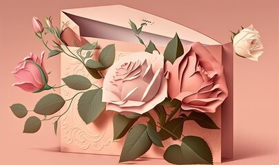 Sticker -  a pink box with three roses inside of it on a pink background.  generative ai