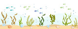 Flocks of fish swim at the bottom of the aquarium.Cartoon vector graphics.