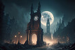 post-apocalyptic London at night. The ruins of the Golden Eye and Big Ben stand tall amidst the destroyed buildings, with smoke and fog obscuring the view. generative ai