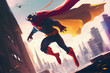 Superhero flying through the city sky,