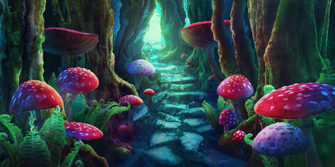 Wall Mural - fantastic wonderland landscape with mushrooms. illustration to the fairy tale 