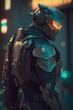 Futuristic soldier wearing modern armor, cyberpunk style. Created with generative Ai technology