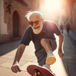 Fidele Senioren auf dem Skateboard mit großer Lebensfreude