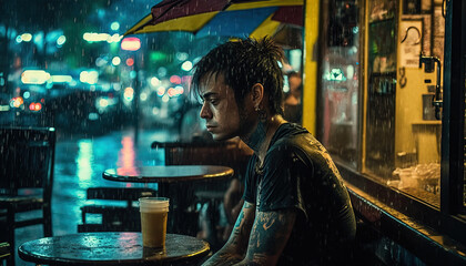 Lonely young man sat at bar waiting for date to arrive, loneliness, sadness