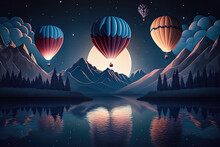 Hot Air Balloons In The Moonlit Night Sky Illustration
