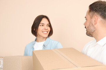 Sticker - Happy couple with moving boxes in new apartment