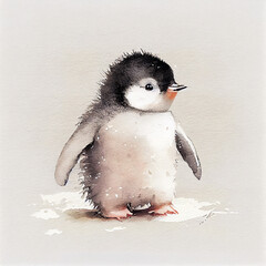 cute baby penguin, watercolor illustration, generative ai  