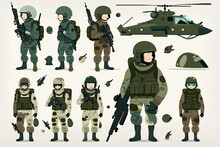 Set Of Army Action,cartoon Soldier, White Background, Made By AI,Artificial Intelligence