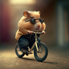 Hamster with sunglasses rides a bike - Generative AI