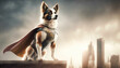 super hero dog on roof top over city, Generative AI
