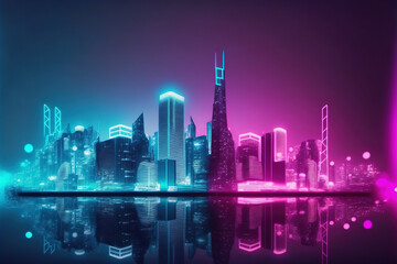 Wall Mural - Futuristic city with neon light pink and blue illuminated skyline . Sublime Generative AI image .