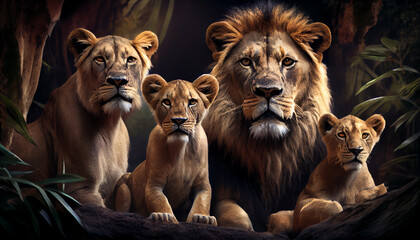 majestic family of lions in the jungle ,generative ai