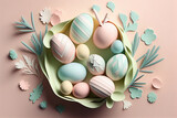 Fototapeta Dinusie - abstract easter eggs in basket papercut decoration background