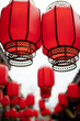 Red Chinese lanterns hanging in a street, Luodai, Chengdu, Sichuan province, China