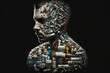 Drug addicted man, body full of meicine and pills with anxious looking, simple background