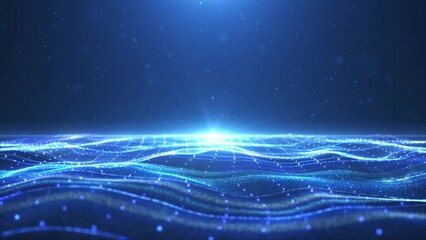 Wall Mural - Blue Wave Particles Ocean, Elegant blue particle wave, beautiful light particle flow, grid line background video. Use this for products promo, fashion shows, music award, concert stage led wall.