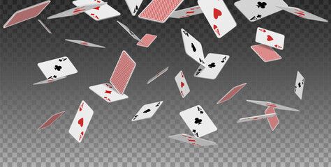  3d realistic vector icon. Flying playing cards of aces of diamonds clubs spades and hearts on transparent background, falling on the table.