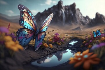 Wall Mural - Butterfly Unicorn Fusion gorgeous colors on butterfly wings running on the plains of beautiful island 