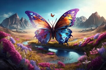 Wall Mural - Butterfly Unicorn Fusion gorgeous colors on butterfly wings running on the plains of beautiful island 