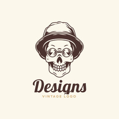 Poster - Human skull head character logo design template with hat