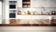 © Supermarket Flowers - Wooden Board Empty Table Top on White Kitchen, Wood Table Top on Blur Kitchen Created With Generative Ai Technology