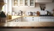 © Supermarket Flowers - Wooden Board Empty Table Top on White Kitchen, Interior of Kitchen In New Luxury Home Created With Generative Ai Technology