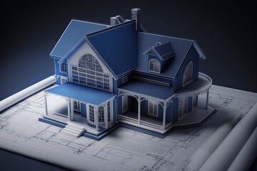 House model and architectural blueprint on the desktop. AI technology generated image