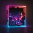 Futuristic of neon glowing in square shape of cityscape. Concept of colorful cyberpunk in building view with digital design. Finest generative AI.