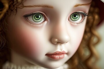 Close-up of porcelain doll face with green eyes. Photo generative AI