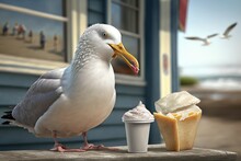 A Seagull (Larus Argentatus) Eats Ice Cream As A Digital Illustration (Generative AI)
