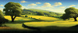 Green field, tree and blue sky. Gorgeous as background, web banner. Spring landscape in the countryside with a green meadow on the hills with blue sky, vector summer or spring landscape, panoramic