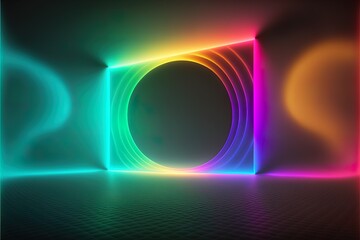 Abstract neon colored shapes in nothingness. Empty space, phantasmal iridescent, dark grey gradient fog in the background, escaping reality, psychedelic gradients in 8K created with generative ai tech