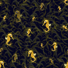 Wall Mural - Watercolor seamless pattern of yellow seahorses, seaweeds isolated on dark background. Print, design, poster, banner, background, menus, souvenirs, decor, wallpaper, fabric, textile, wrapping.
