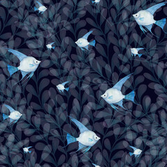 Poster - Watercolor seamless pattern of blue angelfish, seaweeds isolated on dark background. Print, design, poster, banner, background, menus, souvenirs, decor, wallpaper, fabric, textile, wrapping.