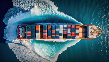 Aerial top  of a container ship traveling for export from a container international port to a bespoke ocean concept freight shipping forwarder with a contrail in the ocean World Mariners Day, 25 June