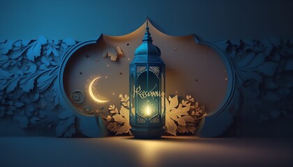 Background banner for Ramadan Kareem. Islamic greeting cards for Ramadan and Muslim holidays. moon and lantern on a blue banner. Generative Ai.