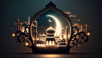 Arabian night on the background of a crescent moon with a mosque.