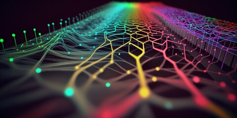 Stream of interlaced strings in a big data field. A 3D representation of wavering cyberspace. Generative Ai.