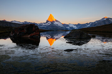 Sticker - Great view of Stellisee lake with famous Matterhorn spire. Switzerland, Swiss alp, Europe.