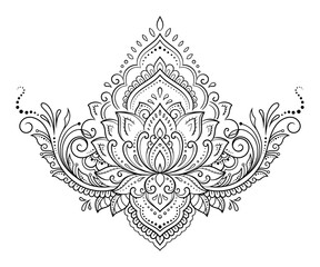 Lotus mehndi flower pattern for Henna drawing and tattoo. Decoration in oriental, Indian style. Doodle ornament. Outline hand draw vector illustration.