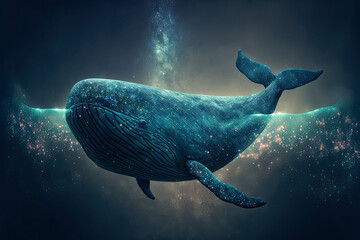 Wall Mural - whale is floating in space among the stars. concept of a fantastic dream in sleep. generative ai