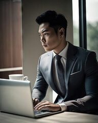 AI generated portrait of Singaporean male businessman in the office workin with laptop