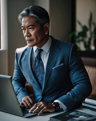 AI generated portrait of Filipino male businessman in the office workin with laptop