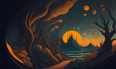 Wall Mural - fantasy forest background dark lights, abstract trees landscape digital art, generative ai illustrat
