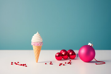 Christmas decoration bauble in ice cream cone. New Year minimal concept.