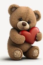 Cute Adorable Teddy Bear Holding A Brown Red Heart On A White Background - Generative AI