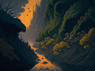 Wall Mural - fantasy forest background dark lights, abstract trees landscape digital art, generative ai illustrat